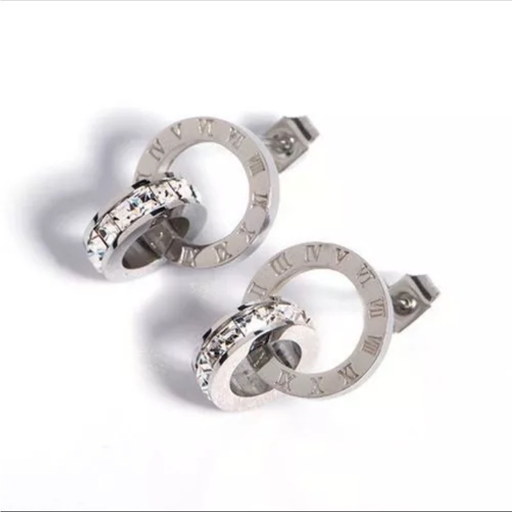 S Roman Numerals Zircon Earrings - Stainless Steel Fashion Never Fade Jewelry